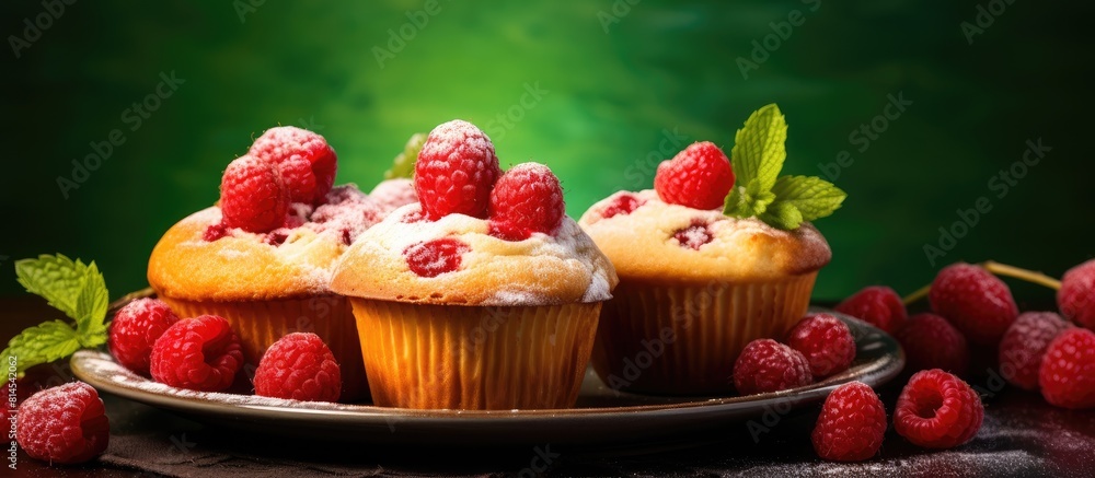 Poster the appetizing muffins with creamy filling and fresh raspberries are beautifully presented on a dark