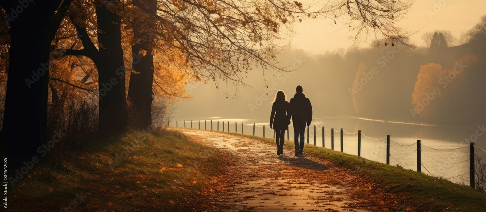 Aufkleber A couple walks along a trail in the autumn countryside or park embracing each other from behind The image contains empty space for adding additional elements