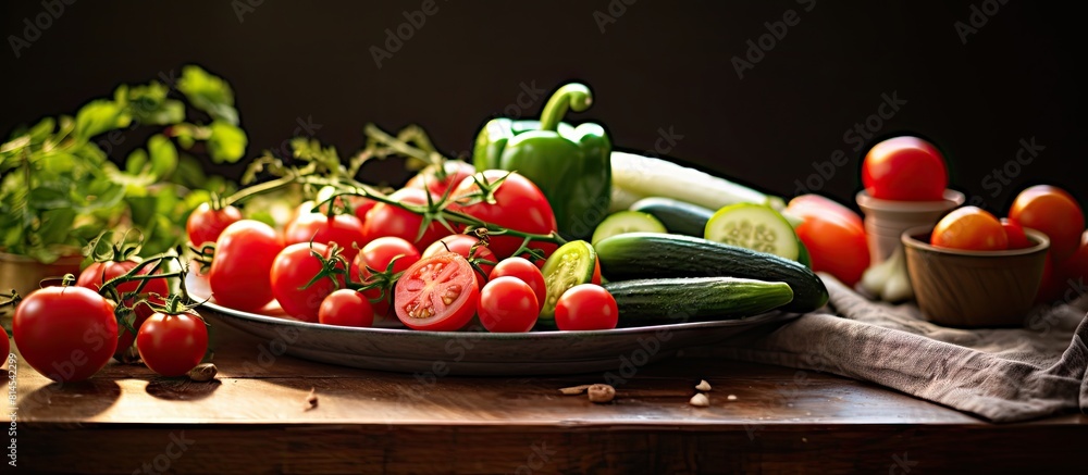 Aufkleber On the table there is a tray of fresh fruit accompanied by cucumbers tomatoes and pepper A copy space image is available