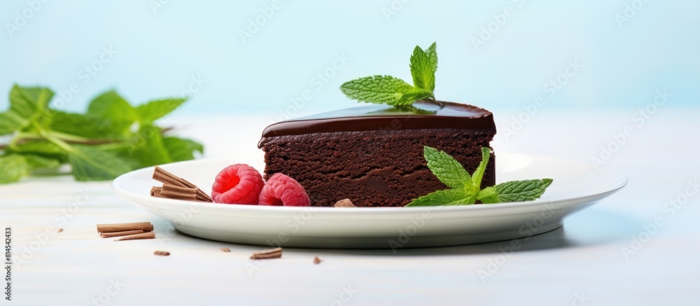 Poster A vegan chocolate cake is displayed on a white dish with a light background creating a positive portrayal of healthy vegan food The image provides ample space for a captivating and visually appealing
