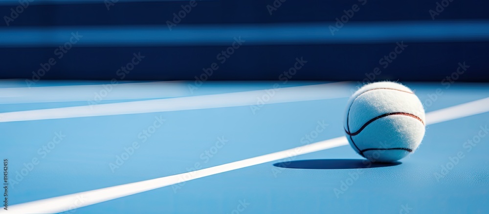 Poster a copy space image of a blue paddle tennis court with a ball positioned on the lines captured in a c
