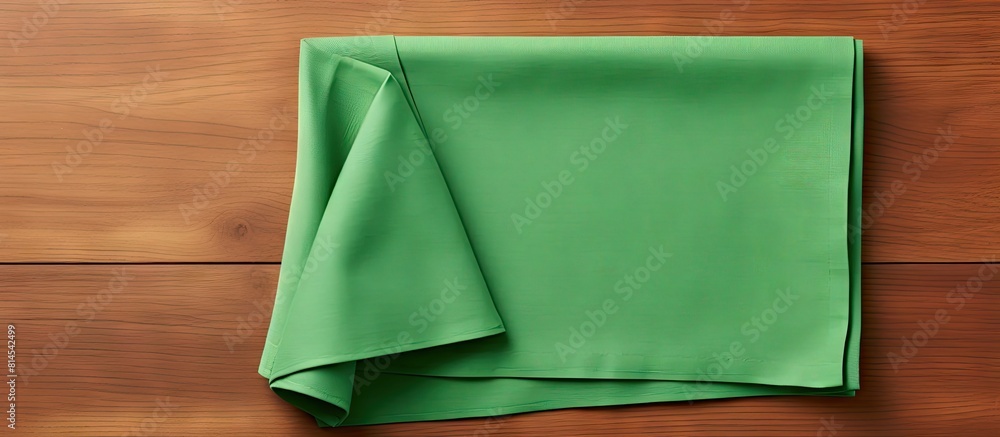 Poster flat lay with a minimalist feel featuring a green kitchen napkin folded on a table the isolated imag