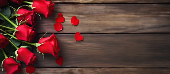 Valentine s Day love concept with red roses placed on top of a wooden background providing ample copy space for an image