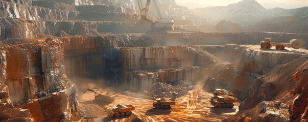 Dump trucks filling up with overburden and dragline in dusty open cut coal mine