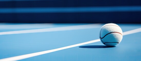 A copy space image of a blue paddle tennis court with a ball positioned on the lines captured in a close up view - Powered by Adobe