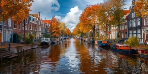 Fototapeta premium Canal amidst houses and trees under sky