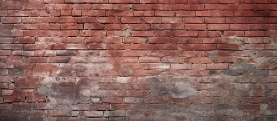 Horizontal copy space image of an aged crimson brick wall with an irregular surface set in contrast with a weathered cement backdrop