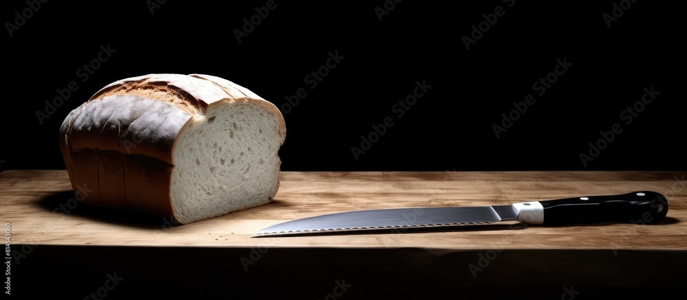 Poster A table with a front view of a bread knife displaying a copy space image