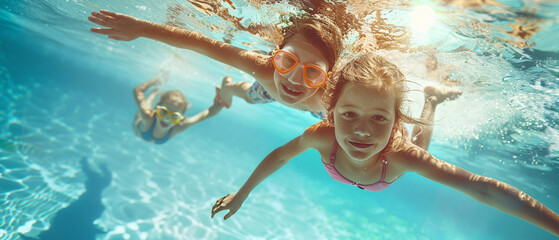 Children swim in the outdoor pool on a sunny summer day