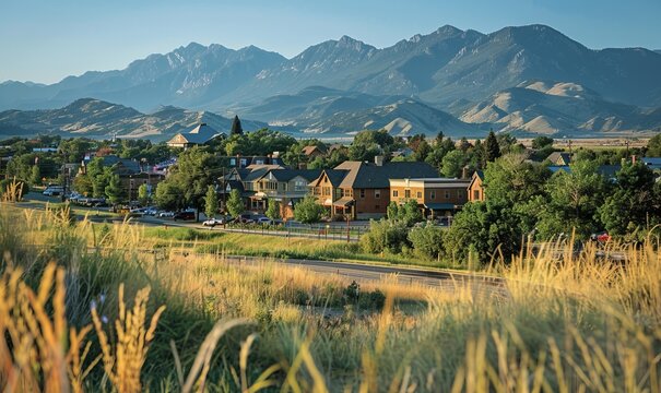 Downtown Bozeman, Montana seen from afar with mountains in the background