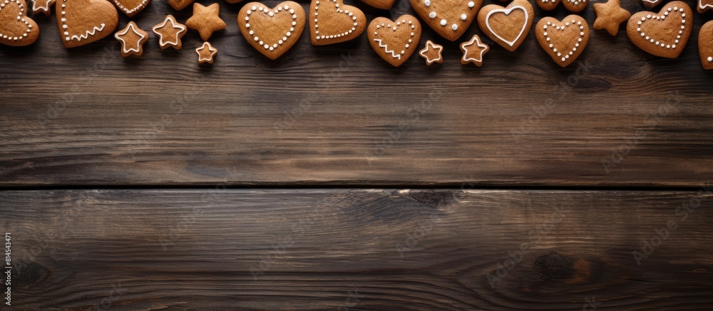 Poster wooden background with a border of heart shaped gingerbread cookies providing plenty of space for co