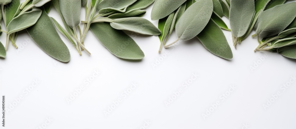 Poster a top view of fresh sage leaves on a white background with the sage arranged along the border provid