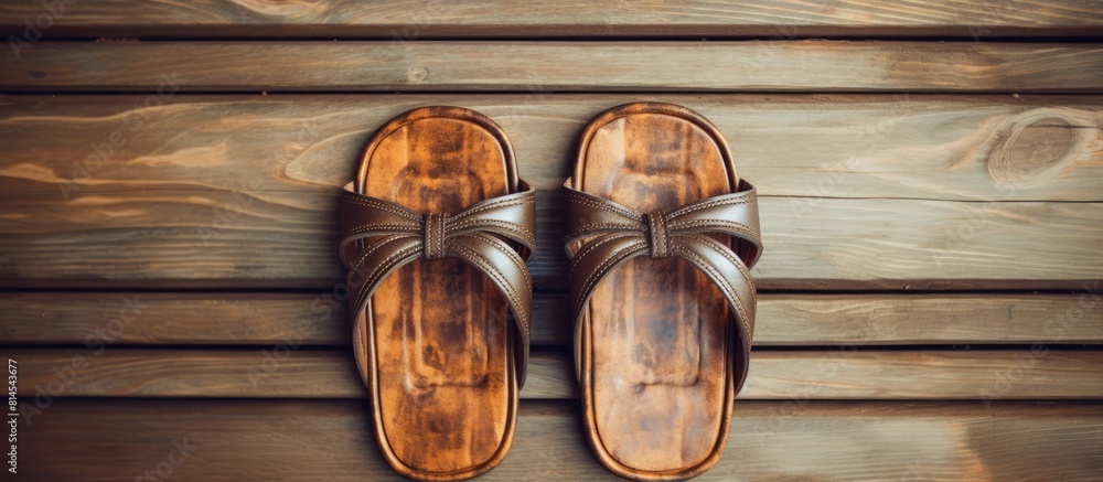 Poster a copy space image featuring sandals resting on a rustic wooden floor