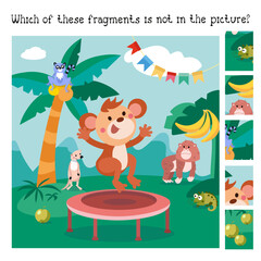 Puzzle game for kids. Find fragments. Cartoon illustration. Cute monkey in jungle. Vector illustration. 