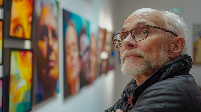 Elderly man contemplating art in gallery - a moment of reflection amidst colorful portraits