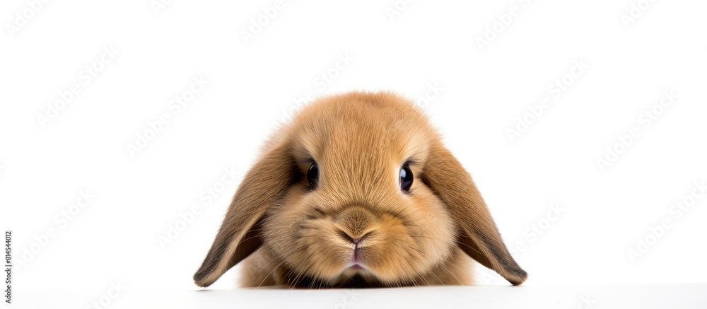 Poster a cute brown holland lop rabbit is seen in a close up shot on a white background isolated and with c