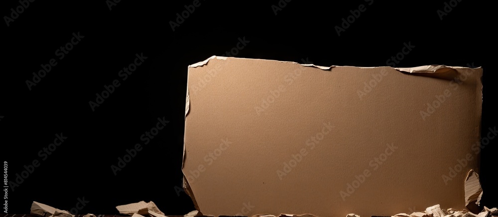 Poster An image displaying a damaged piece of cardboard placed against a dark backdrop providing an empty space for potential use. with copy space image. Place for adding text or design
