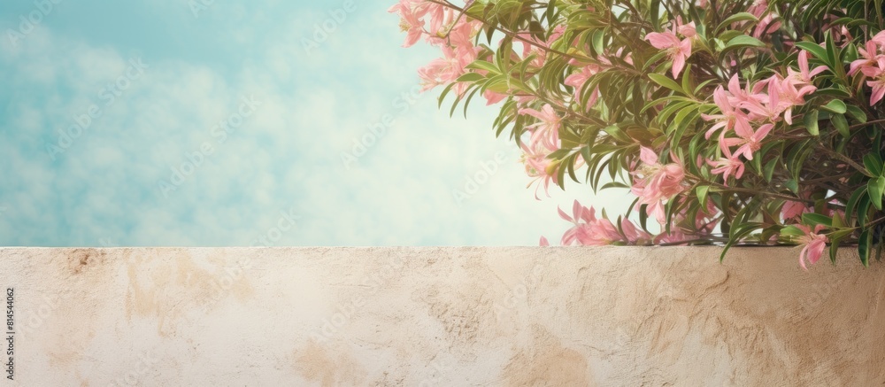 Aufkleber Sunny day with textured wall backdrop features branches of oleander tree displaying a green leaf border Ample copy space available