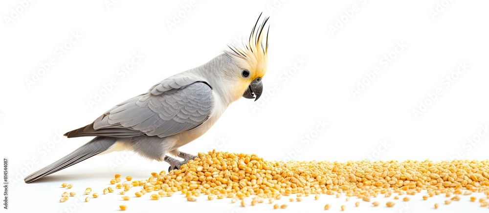 Leinwandbilder a female gray cockatiel parrot is eating grain the parrot is isolated on a white background and ther