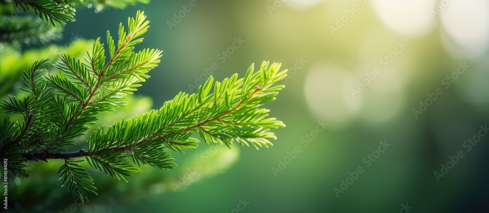 Poster Soft sunlight illuminates a close up of a vibrant green spruce tree branch in a forest setting providing ample copy space for additional content