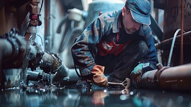 Plumber Fixing a Pipe: A skilled plumber kneels beside a leaking pipe, wrench in hand, ready to repair the damaged section and restore the flow of water 