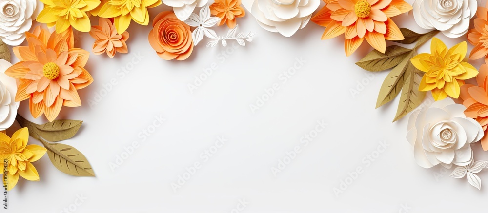 Poster Isolated on a white background a corner of the flat lay features a frame decoration made of yellow and orange paper craft flowers The frame is a mockup with copy space available for your text