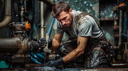 Plumber Fixing a Pipe: A skilled plumber kneels beside a leaking pipe, wrench in hand, ready to repair the damaged section and restore the flow of water 