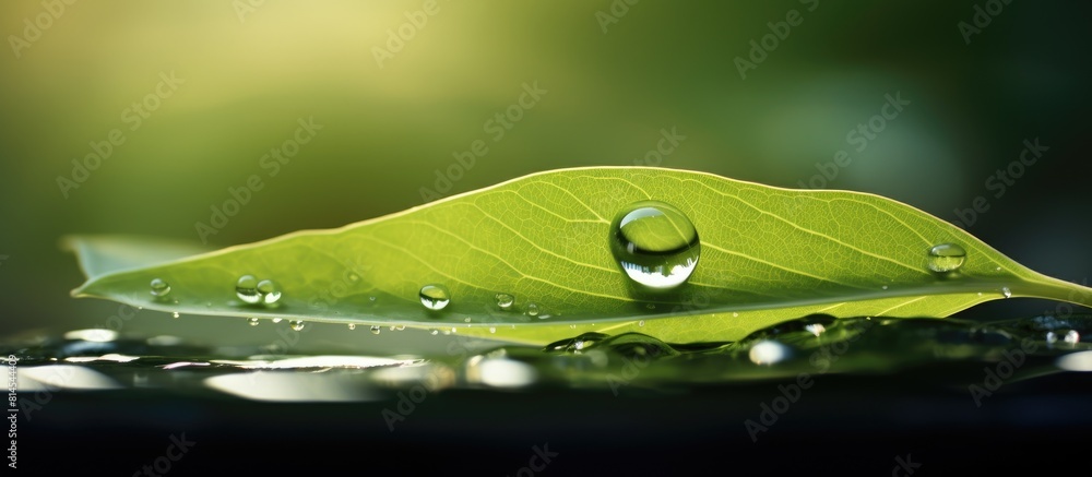 Aufkleber A macro lens captures the beauty of a water drop delicately resting on a leaf shoot resulting in a stunning copy space image