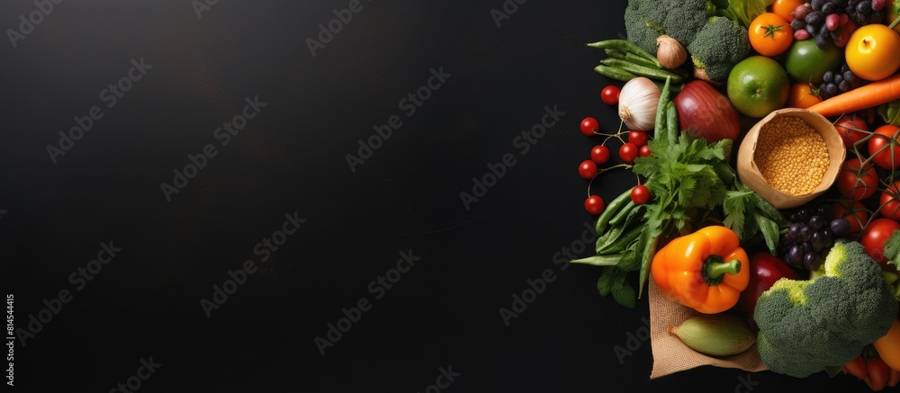 Poster Top view of a paper bag filled with fresh vegetables and fruits on a dark background creating a captivating copy space image