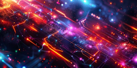 Obraz premium abstract illustration of geometric shapes and structures in colorful neon colors and lights in cyberspace against dark background