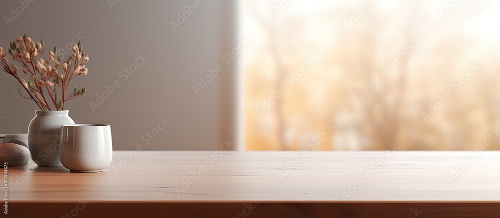 Poster a blurred background of a living room with a table top and copy space image