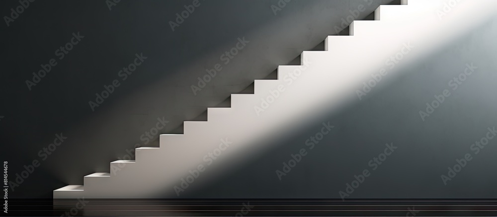 Poster a zigzag arrow is used as a visual cue to show the direction of descending the stairs in a copy spac