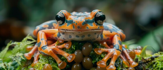 Camouflaged amidst foliage, the dart frog sees the Amazon as a sanctuary for its precious clutch. Toxic hues warn predators; guarding eggs, it ensures their safety until they hatch.