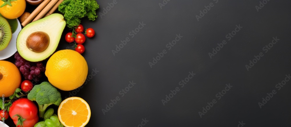 Poster top view copy space image depicting a diet and fitness concept emphasizing healthy food and weight l