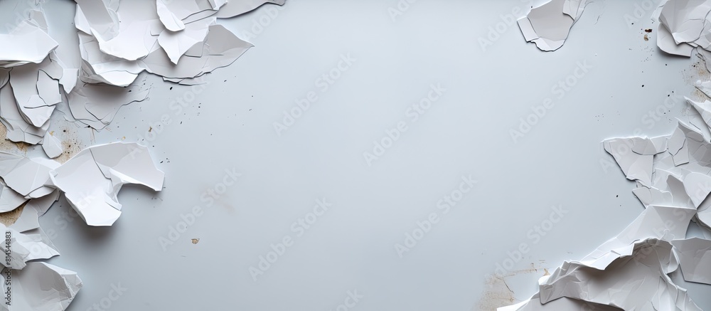 Poster Torn and scattered paper pieces on a simple background Ample space for insertion of image or text
