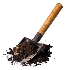 A wooden handled garden shovel filled with rich soil, captured isolated against a black background.