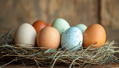 Celebrate National Egg Day with this image of diverse, speckled eggs nestled in straw against a warm wooden background, symbolizing natural variety and farm freshness