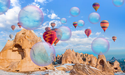 Flying soap bubble with blue sky - Hot air balloon flying over spectacular Cappadocia - Goreme,...
