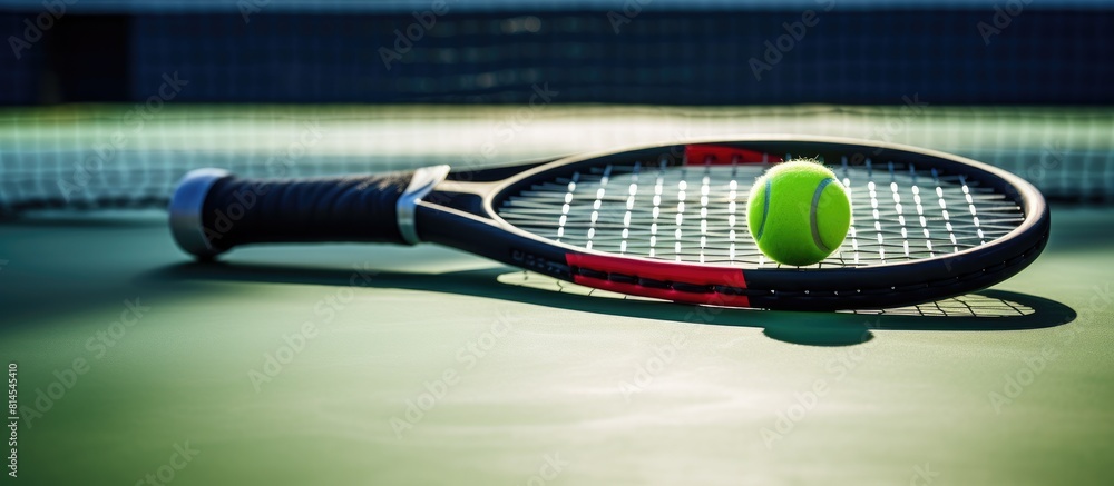 Poster a padel tennis racket placed against a background with ample copy space features a sport court with 