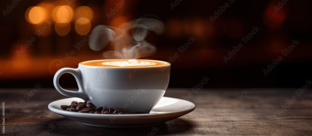 Poster A close up photo of a steaming hot latte coffee at a cafe perfect for website headers with space for text. with copy space image. Place for adding text or design