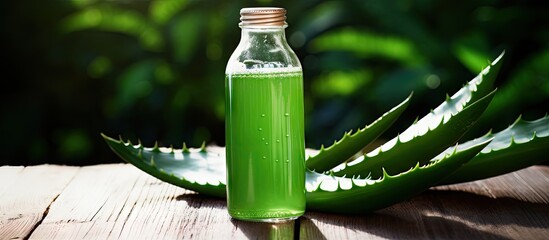 The image displays a bottle of Aloe Vera juice placed on a wooden surface surrounded by fresh aloe leaves There is ample space for adding relevant content
