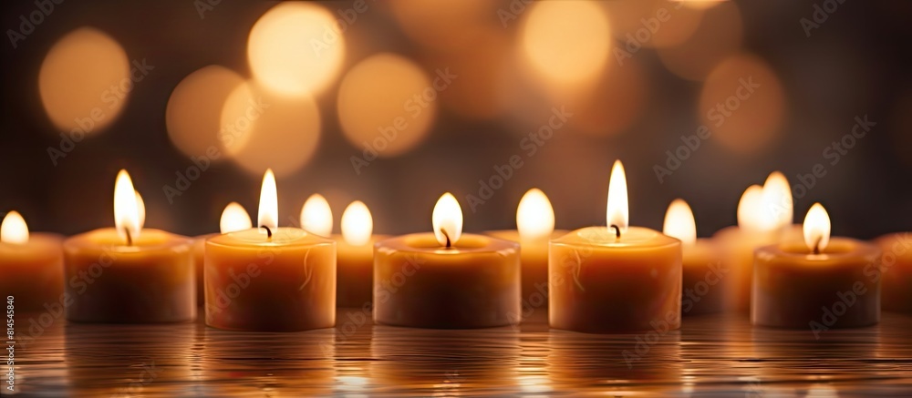 Poster The soft flickering glow of candle lights creates a warm and cozy ambiance perfect for relaxation and intimacy. with copy space image. Place for adding text or design