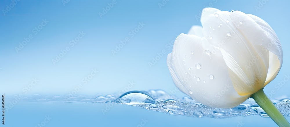 Poster Close up of a white tulip against a gentle blue background adorned with droplets of water Includes copy space for text