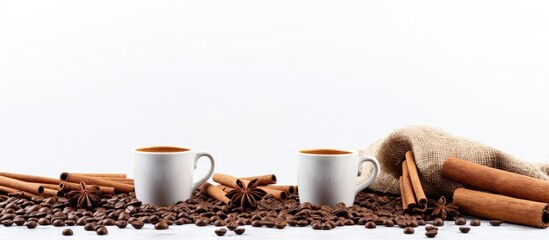 The image features cinnamon sticks placed alongside cups filled with ground coffee and beans all arranged on a clean white background providing ample copy space