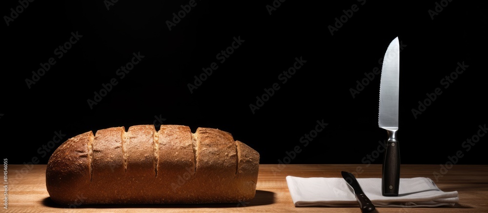 Poster A table with a front view of a bread knife displaying a copy space image