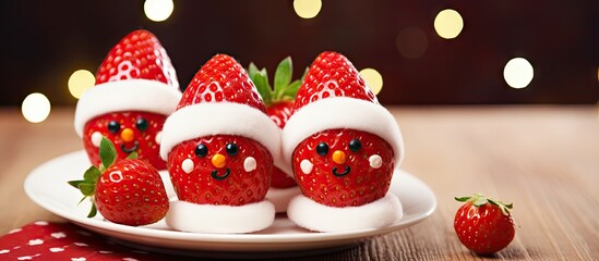Fototapeta premium A copy space image of Strawberry Santas on a red and white polka plate is placed on a white wood table adorned with a Happy Holidays gift tag These festive treats are perfect for a fun and cute Chris