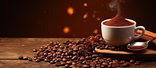 A variety of cafes and restaurants offer a menu filled with coffee beans chocolate and a wooden spoon with ground coffee This copy space image portrays the concept of hot drinks and advertising