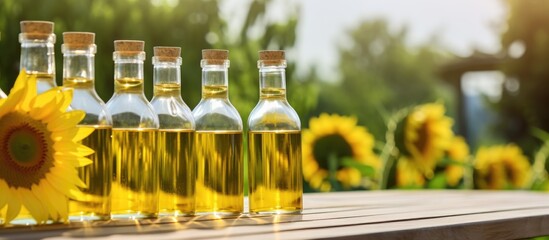 Sunflower oil bottles displayed on an outdoor table with copy space image