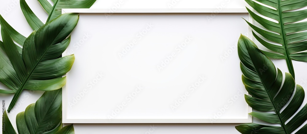 Poster A flat lay of a picture frame adorned with a beautiful tropical leaf against a white background creating an elegant and decorative design. with copy space image. Place for adding text or design