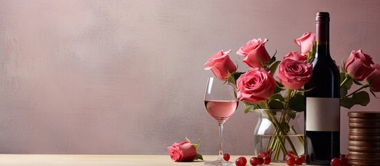 A copy space image of red wine and pink roses arranged on a countertop